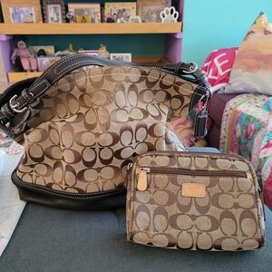 Coach Signature Brown Hobo Bag & Cosmetics Bag